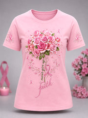 Women's Pink Floral Never Give Up Breast Cancer Awareness Support Tee