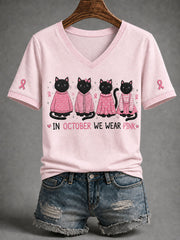 Women's Breast Cancer Cat Art Short-Sleeved T-shirt