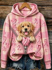 Women's Vintage Pink Ribbon & Golden Retriever Print Cozy Hoodie