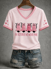 Women's Breast Cancer Cat Art Short-Sleeved T-shirt