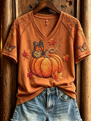 Women's Fall Monarch Butterflies & Pumpkin Print short-sleeved T-shirt