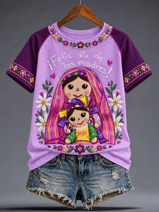 Women's Mexico Lele Doll Floral Art Printed T-shirt
