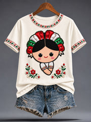 Women's Mexico Lele Doll Floral Art Printed T-shirt