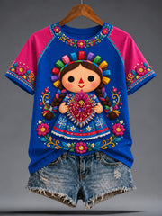 Women's Mexico Lele Doll Floral Art Printed T-shirt