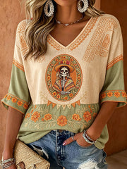 Women's Mexico Day of The Dead Floral Art Printed T-shirt