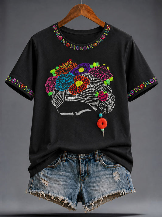 Women's Mexico Lele Doll Floral Art Printed T-shirt