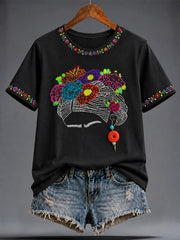 Women's Mexico Lele Doll Floral Art Printed T-shirt
