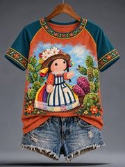 Women's Mexico Lele Doll Floral Art Printed T-shirt