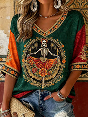 Women's Mexico Day of The Dead Floral Art Printed T-shirt