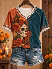 Women's Mexico Day of The Dead Floral Art Printed T-shirt