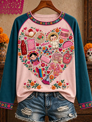 Women's Mexico Lele Doll Floral Art Printed T-shirt