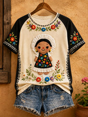 Women's Mexico Lele Doll Floral Art Printed T-shirt
