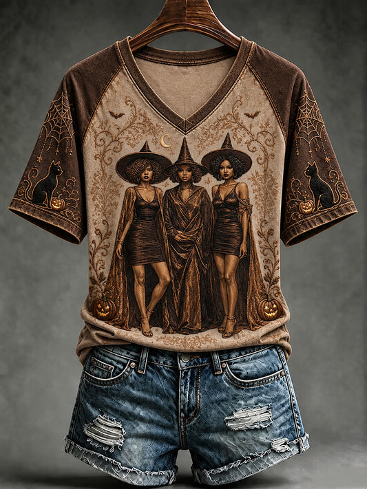 Women's Halloween Print V-neck T-shirt
