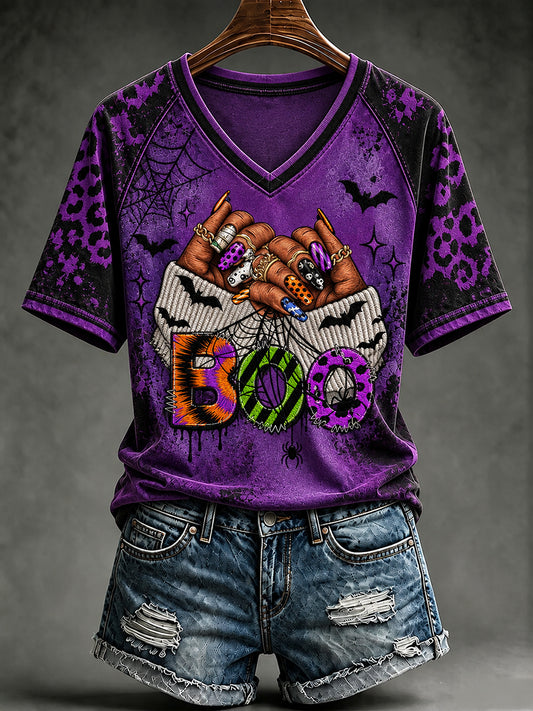 Women's Halloween Print V-neck T-shirt