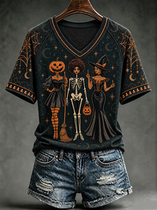 Women's Halloween Print V-neck T-shirt