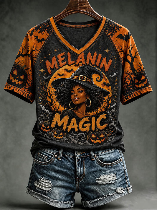 Women's Halloween Print V-neck T-shirt
