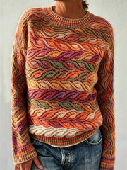Women's Fall Colorful Leaves Inspired Crochet Art Print crew neck sweater
