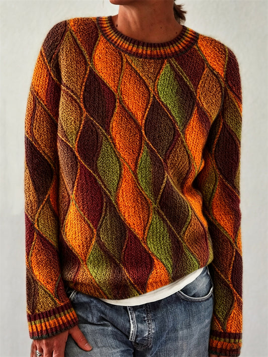 Women's Fall Colorful Leaves Inspired Crochet Art Print crew neck sweater