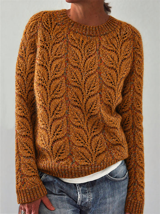 Women's Fall Leaves Inspired Crochet Art Print crew neck sweater