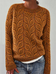 Women's Fall Leaves Inspired Crochet Art Print crew neck sweater