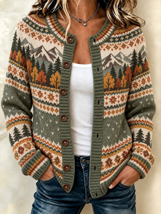 Women's Autumn Landscape Pattern Design Leisure Cardigan-Style Knit Coat