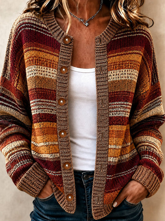 Women's Striped Art Print Casual Cardigan