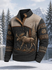 Men's Winter Moose Print Casual Buttons Pullover