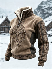 Women's Viking Tree of Life Celtic Knot Contrast Print Fur Collar Top