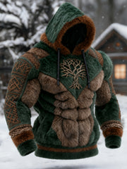 Men's Viking Tribal Jacquard Celtic Knot Muscle Line Inspired Art Flannel Warm Hoodie