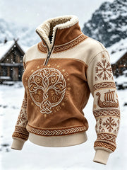 Women's Vintage Viking Tree Of Life Celtic Print Fur Collar Top