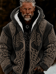 Men's Viking Celtic Art Plush Cozy Warm Zipped Hooded Flannel Jacket