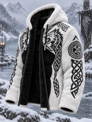Men's Viking Celtic Art Plush Cozy Warm Zipped Hooded Jacket