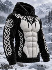 Men's Viking Tribal Jacquard Celtic Knot Muscle Line Inspired Art Plush Warm Hoodie