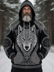 Men's retro Viking style wolf head pattern and Celtic knot design casual hoodie