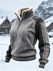 Women's Viking Tree of Life Celtic Knot Contrast Print Fur Collar Top