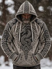 Men's retro Viking style pattern printed casual flannel hoodie