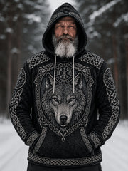 Men's retro Viking style wolf head pattern and Celtic knot design casual hoodie