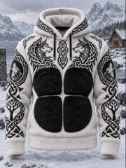 Men's Viking Tribal Style Wolf Head Jacquard Celtic Knot Art Flannel Warm Hoodie