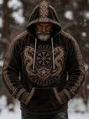Men's retro Viking style pattern printed casual flannel hoodie