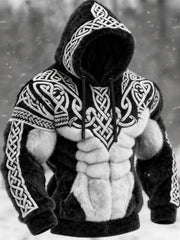 Men's Viking Tribal Jacquard Celtic Knot Muscle Line Inspired Art Flannel Warm Hoodie
