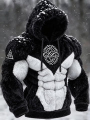 Men's Viking Tribal Jacquard Celtic Knot Muscle Line Inspired Art Flannel Warm Hoodie