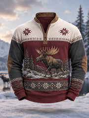 Men's Winter Moose Print Casual Zipper Pullover