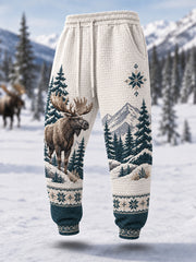 Men's Winter Moose Print Casual Waffle Pants