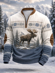 Men's Winter Moose Print Casual Zipper Pullover