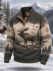 Men's Winter Moose Print Casual Buttons Pullover