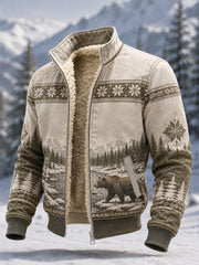 Men's Winter Snow Bear Print Casual Composite Fleece Jacket
