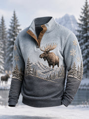 Men's Winter Moose Print Casual Buttons Pullover