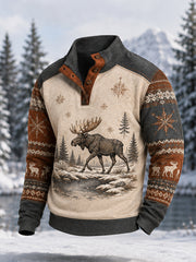 Men's Winter Moose Print Casual Buttons Pullover
