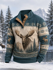 Men's Winter Moose Print Casual Buttons Pullover