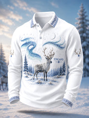 Men's Nordic Reindeer Heritage Print Casual Long Sleeve Polo